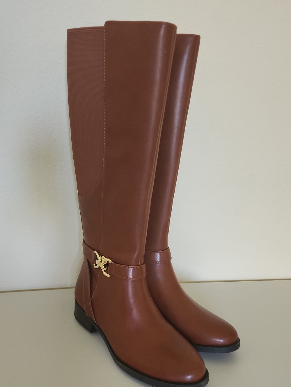 Women's Brown Tall Riding Boots with Gold Accent